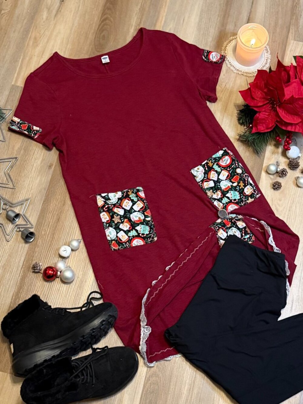 Upcycled Christmas Tunic Dress with Patch Pockets, Lace Trim and Front Bustle
